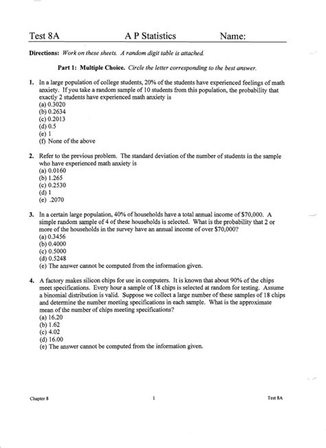 Ap Statistics Test 8a Answer Key