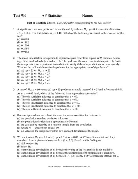 Ap Statistics Test 9b Answer Key