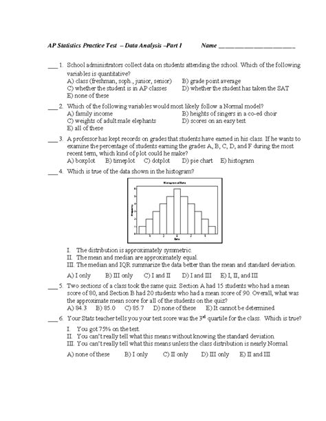 Ap Statistics Test A Data Analysis Part I Name