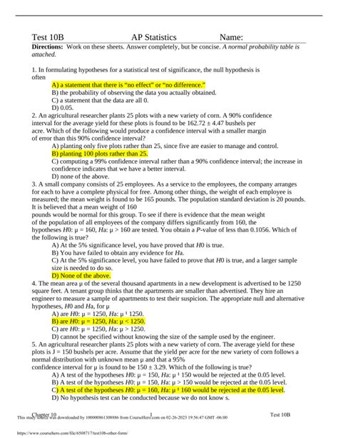 Download Ap Stats Test 10B 