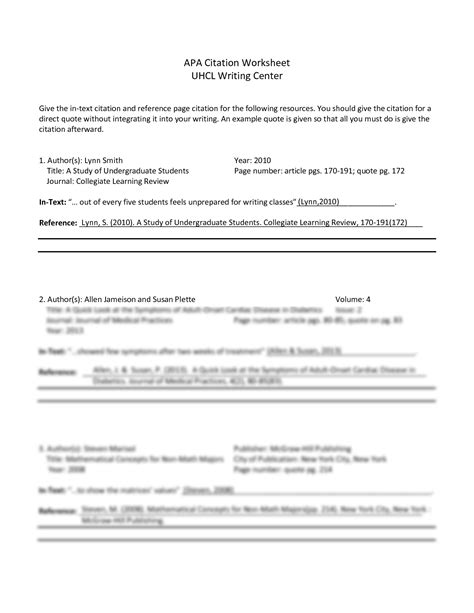 Apa Citation Worksheet Uhcl Writing Center Mdash In Text Citations Worksheet Answers - In Text Citations Worksheet Answers