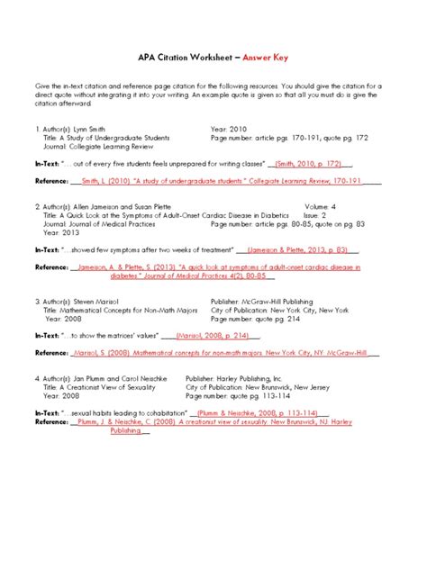 Apa Citation Worksheet With Answers   Citing Sources Worksheets - Apa Citation Worksheet With Answers