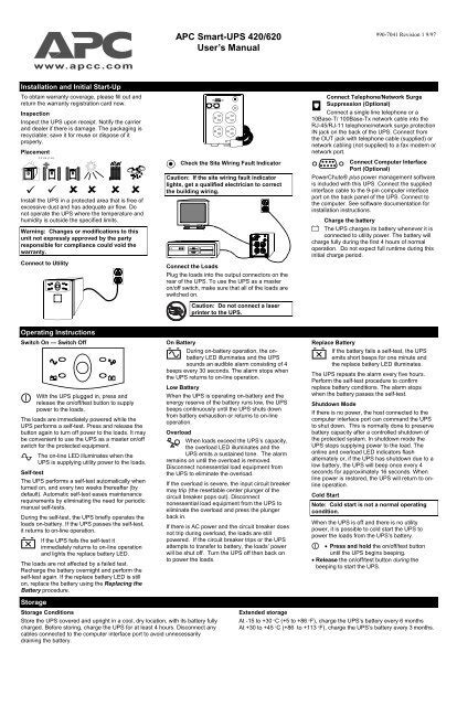 Apc Smart Ups 420 620 230 Vac Users Manual