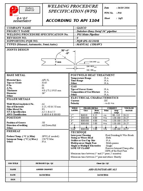 Api Welding Procedure Specification Api 1104 Qualified