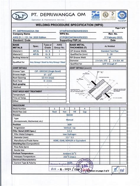 Api Welding Procedure Specification Wps Api 10 00 9 Rev