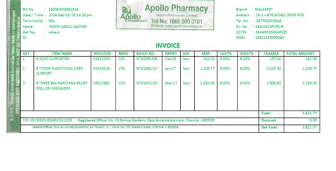Apollo Pharmacy Receipt