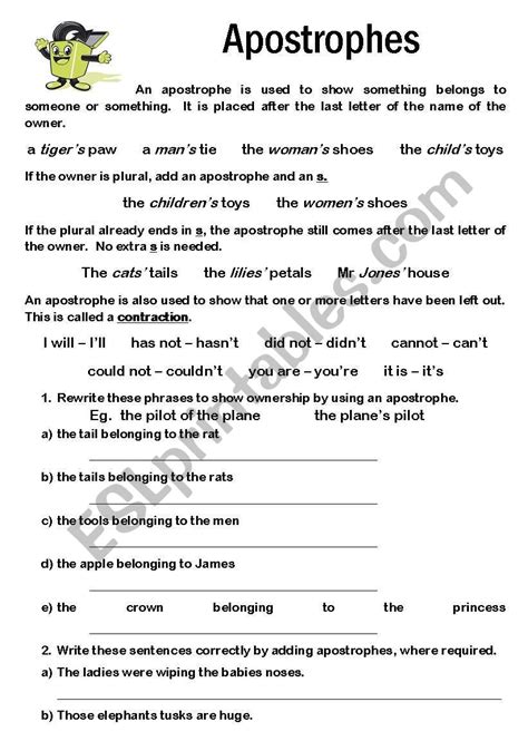 Apostrophes And Possession Free Printable Punctuation Possessive Apostrophe Worksheet - Possessive Apostrophe Worksheet