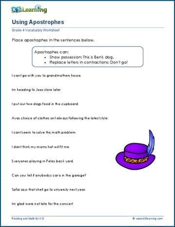 Apostrophes Worksheets K5 Learning Apostrophe Practice Worksheet 6th Grade - Apostrophe Practice Worksheet 6th Grade