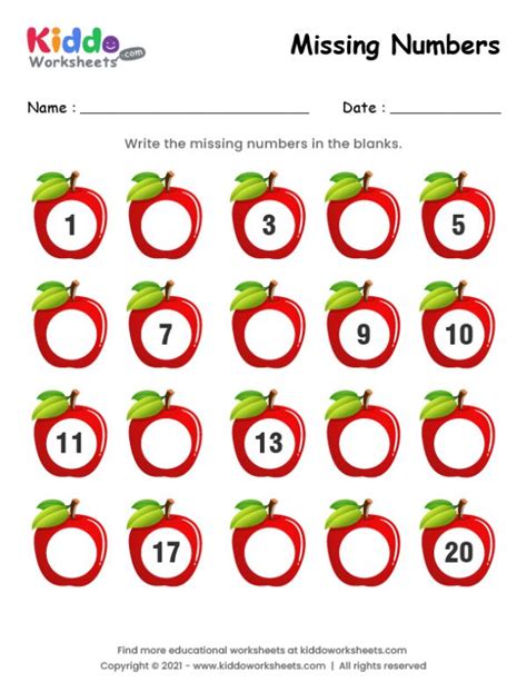 Apple Missing Numbers 1 20 Kiddoworksheets Missing Numbers 1 To 20 - Missing Numbers 1 To 20