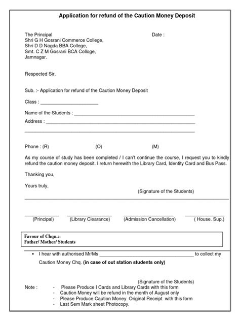 Application For Caution Money
