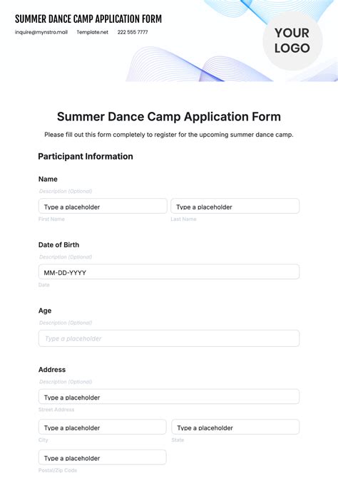 application for summer dance camp template
