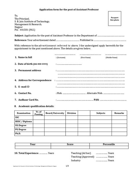 Application Form For Assistant Professor