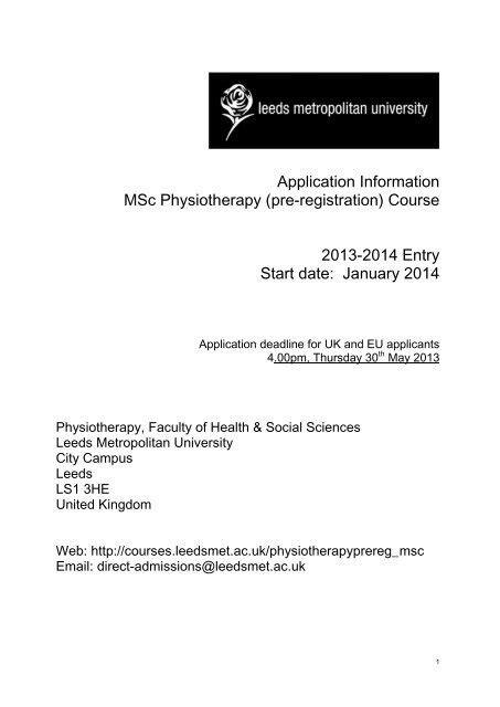 Application Information Msc Physiotherapy Pre Registration Course