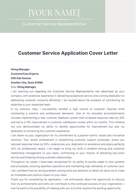 Application Letter For Customer Service Representative