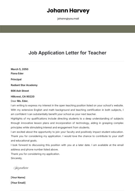 Application Letter For Teacher