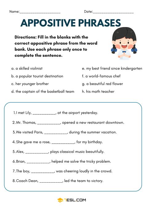 Appositive Phrase Practice With Answer Sheet