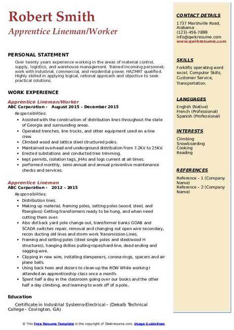 apprentice lineman resume sample