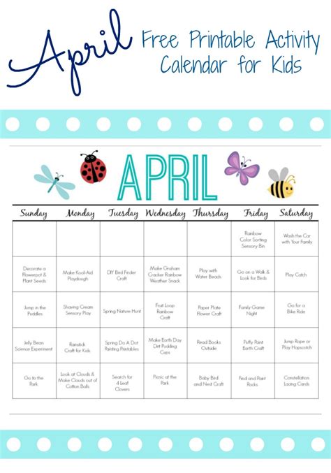 April Printable Activity Calendar For Kids The Chirping April Calendar For Kids - April Calendar For Kids