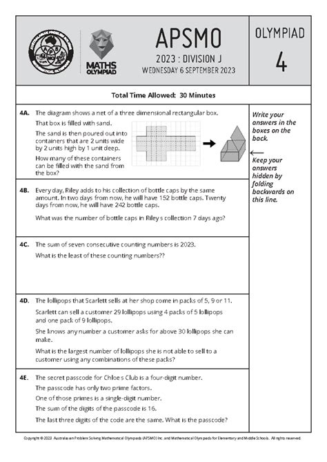 Apsmo Maths Olympiad Division J Answers