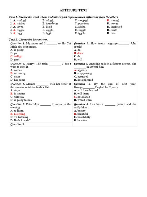 Aptitude Test English Grammar Answer