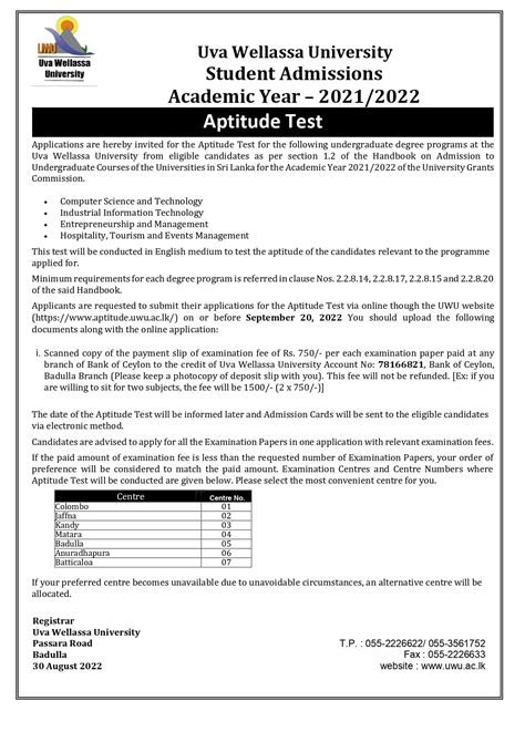 Read Aptitude Test Past Paper Uwa Wellassa University 