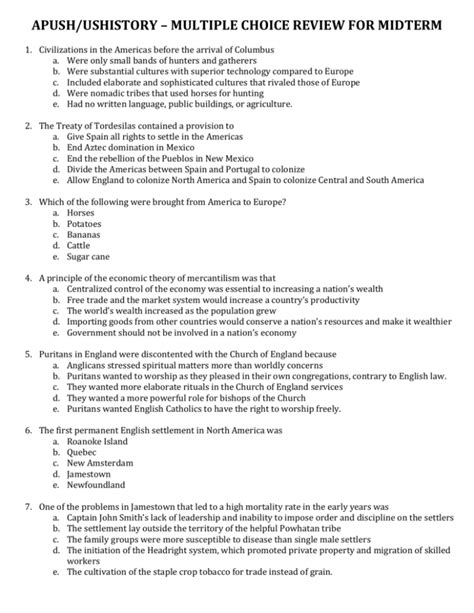 Apush 2012 Multiple Choice Midterm Exam Answers