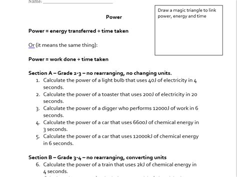 Aqa 1 9 Power Energy Transferred Work Done Calculating Work And Power Worksheet - Calculating Work And Power Worksheet