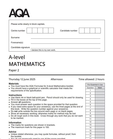 Aqa A Level Mathematics 7357 3 June 2019 Ms