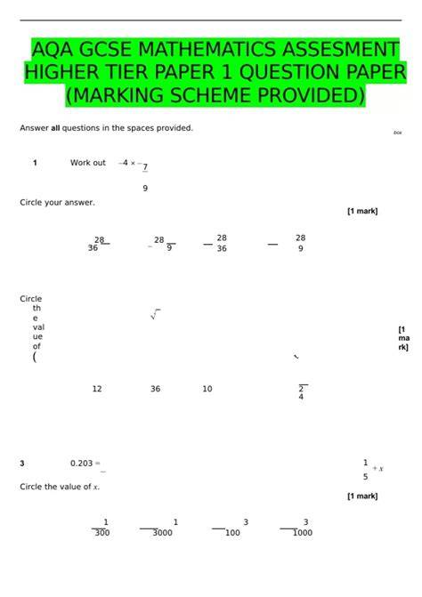 Aqa Gcse Mathematics 3301 Intermediate Tier Model Answers