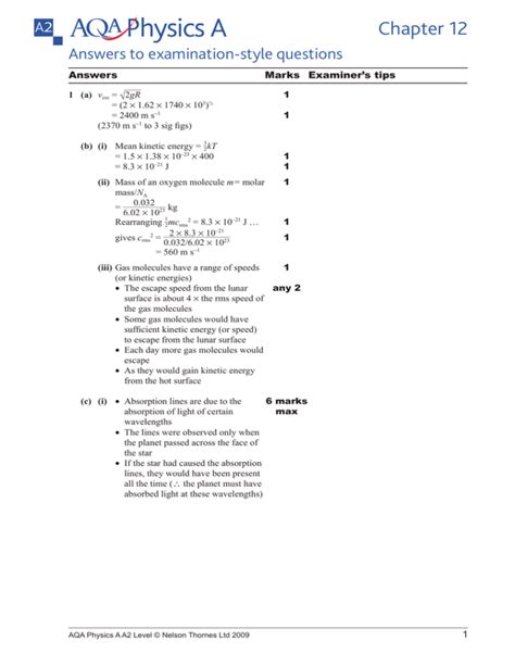 Read Online Aqa A2 Physics Exam Style Questions Answers Chapter 12 