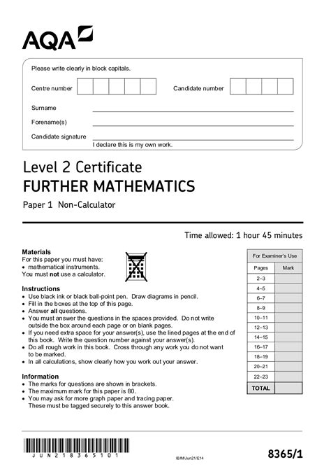 Read Online Aqa Further Maths Level 2 Specimen Paper 1 
