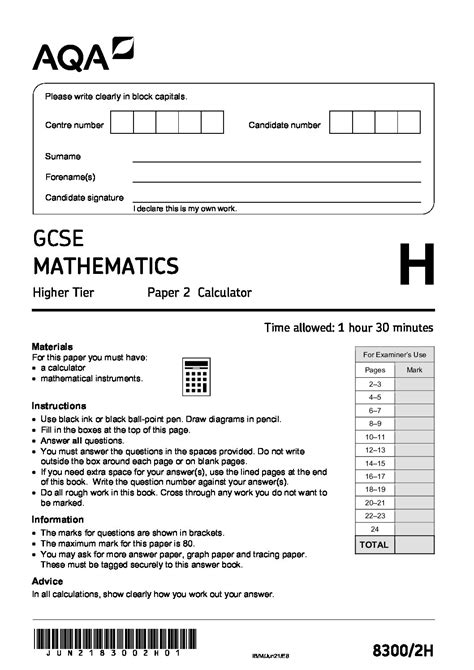 Full Download Aqa Maths Gcse 4306 Answer Paper 2H 