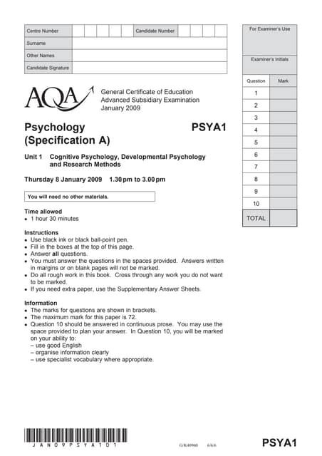 Read Aqa Psya1 Question Paper Jan 2013 