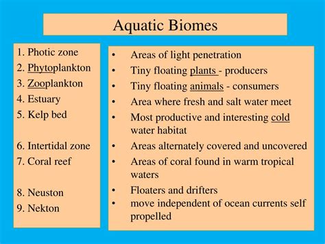 Aquatic Biomes Summary Chart