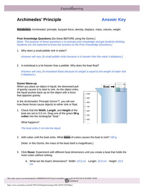 Archimedes Principle Explore Learning Gizmo Answers