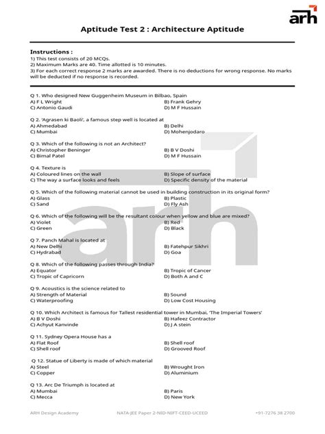 Architecture Aptitude Test Sample Papers Jee