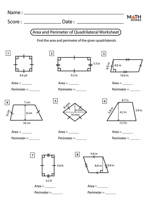 Area Perimeter Of Quadrilaterals Worksheets Math Monks Area Of Quadrilateral Worksheet - Area Of Quadrilateral Worksheet