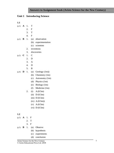 Aristo Experiment Workbook Answer