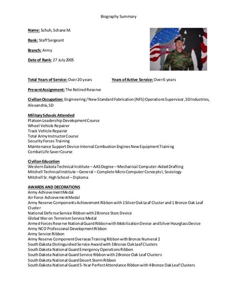 army biographical summary format