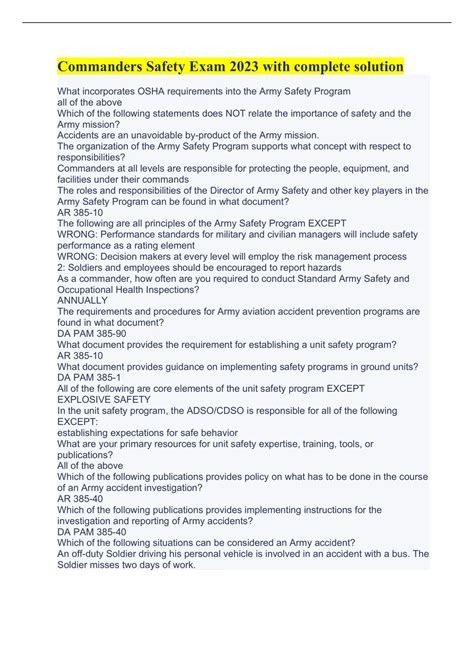 Army Commanders Safety Course Exam Answers Pdf