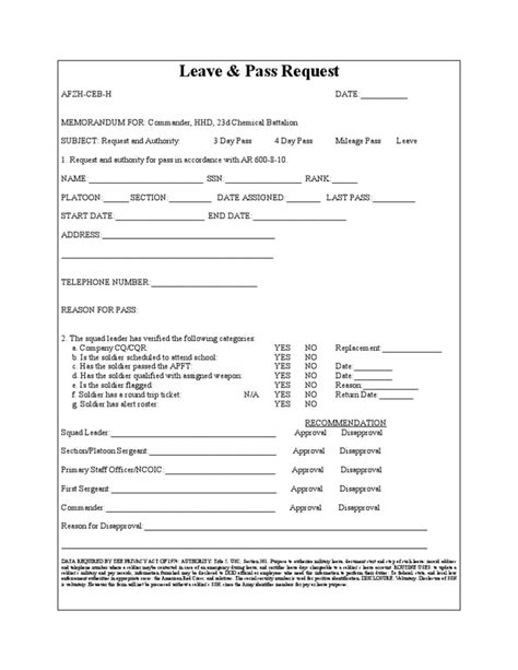 Army Leave Pass Request Cover Sheet