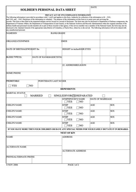 Army Personal Data Sheet Fillable
