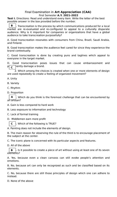 Art Appreciation Final Exam