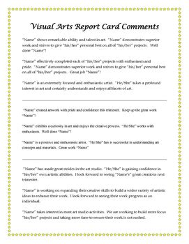 Art Report Card Comments Visual Art