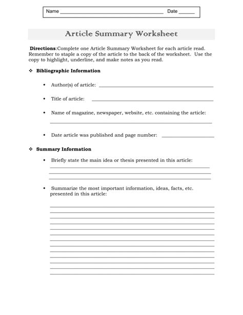 Article Summary Worksheet Writing Summary Worksheet - Writing Summary Worksheet
