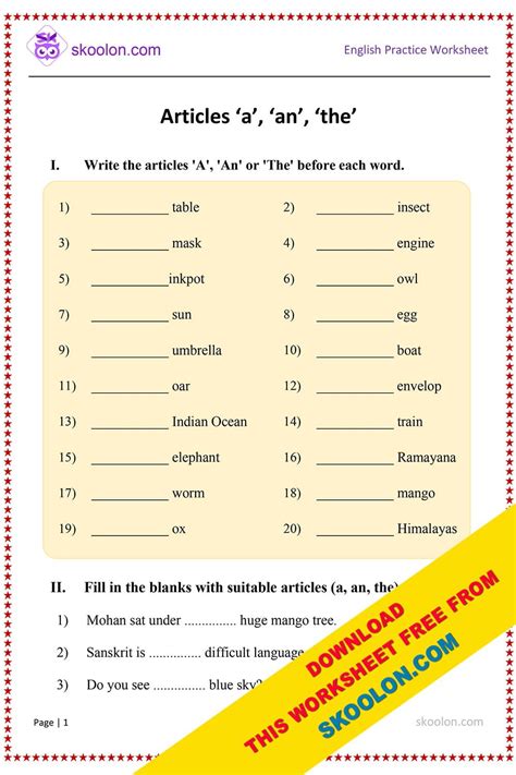 Articles Worksheet For Class 1