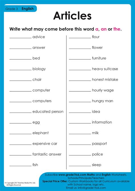 Articles Worksheet For Class 3