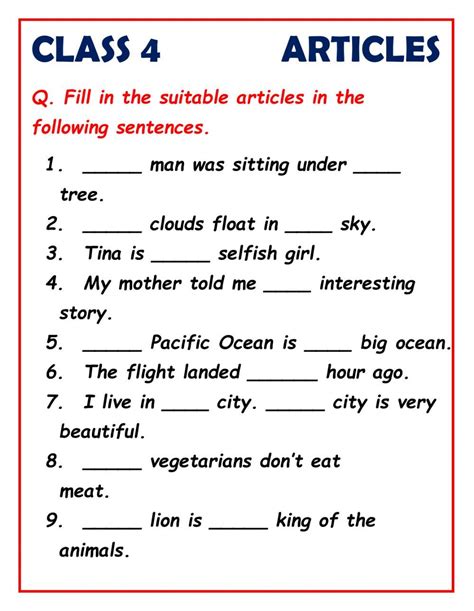 Articles Worksheet For Class 4