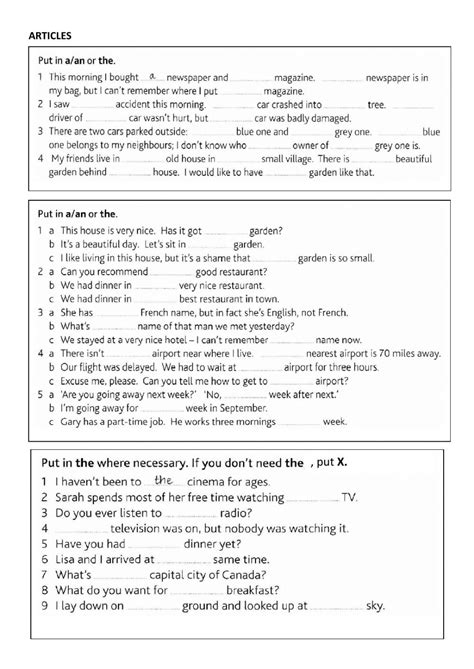 Articles Worksheet For Class 7