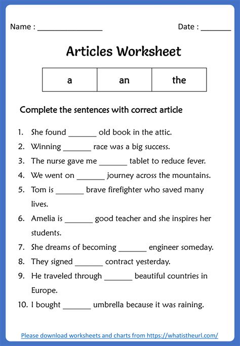 Articles Worksheet For Grade 3